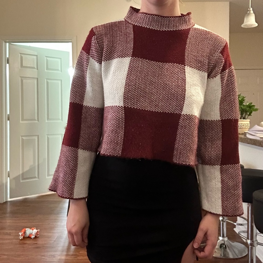 Red and white block sweater